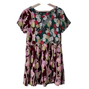 ASOS Womens Floral Patchwork Dress Short Sleeves Relaxed Fit Viscose Burgundy &